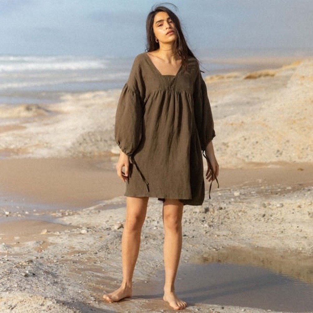 harly jae | Paysanne Mini Dress Olive Brown Size 2X/3X 100% Linen